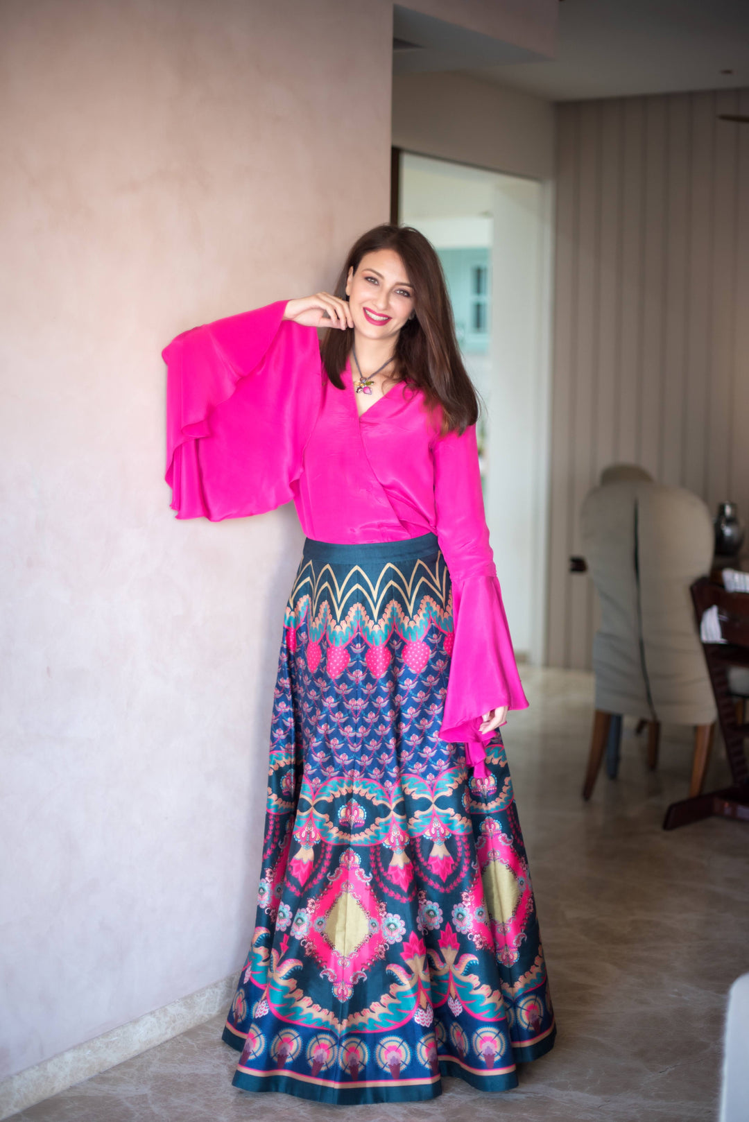 Pink Chintz Running Crop Top, And Yellow Pink Chintz Bagh Skirt-Lehenga-Siddhartha Bansal