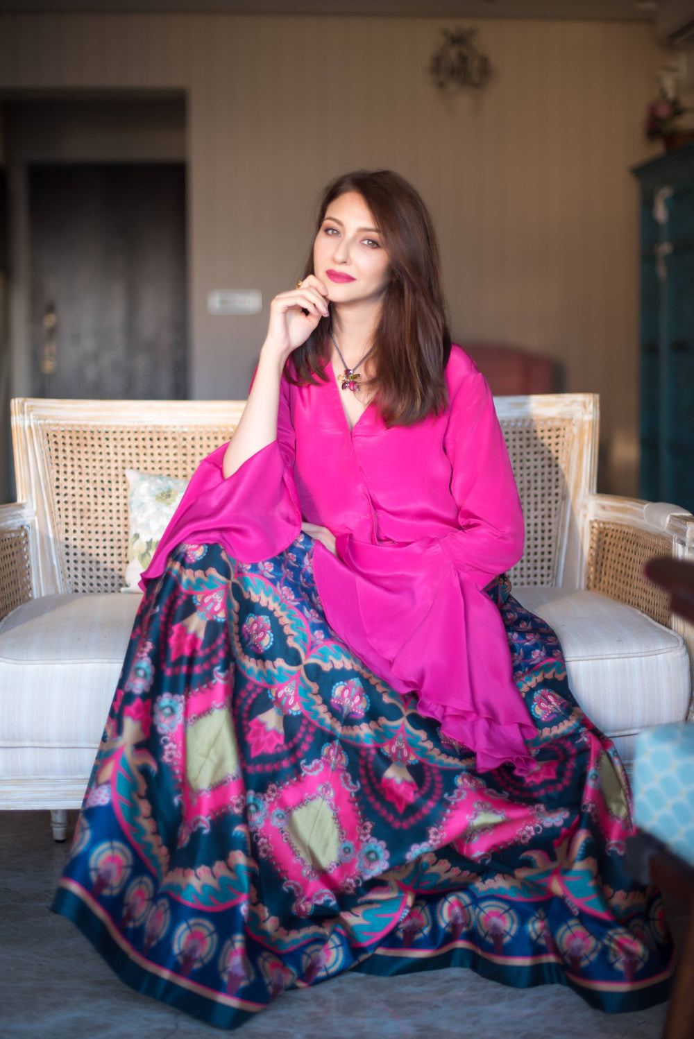 Pink Chintz Running Crop Top, And Yellow Pink Chintz Bagh Skirt-Lehenga-Siddhartha Bansal