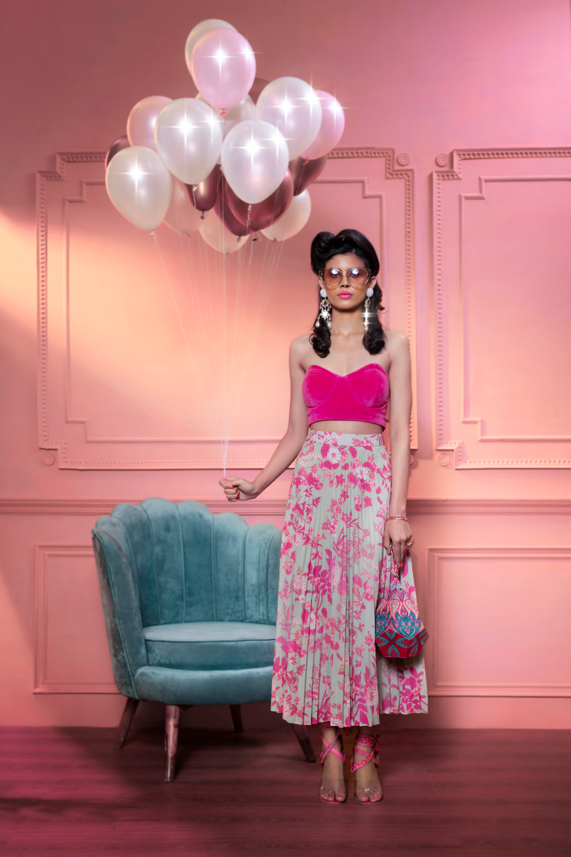 Mint And Pink Pleated Skirt-Skirts-Siddhartha Bansal