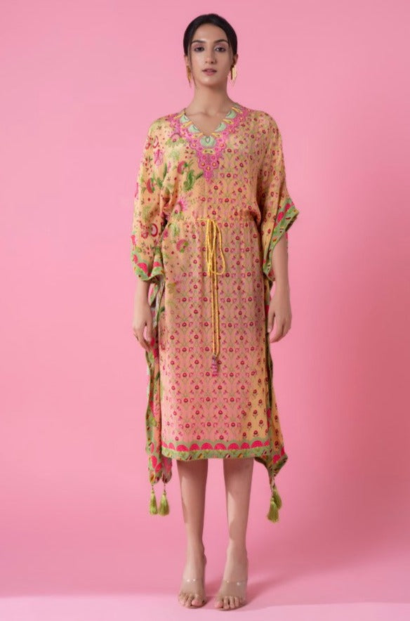 Peachy Glow Floral Print, Embroidered Kaftan-Siddhartha Bansal