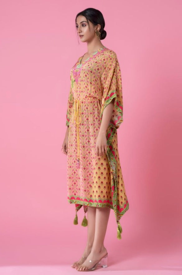 Peachy Glow Floral Print, Embroidered Kaftan-Siddhartha Bansal
