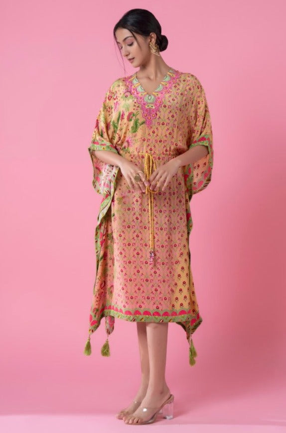Peachy Glow Floral Print, Embroidered Kaftan-Siddhartha Bansal