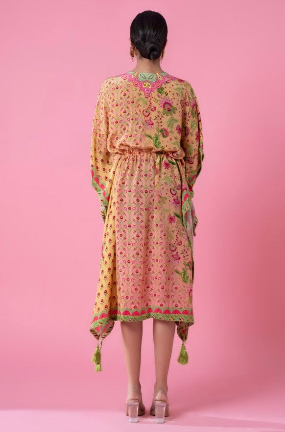 Peachy Glow Floral Print, Embroidered Kaftan-Siddhartha Bansal